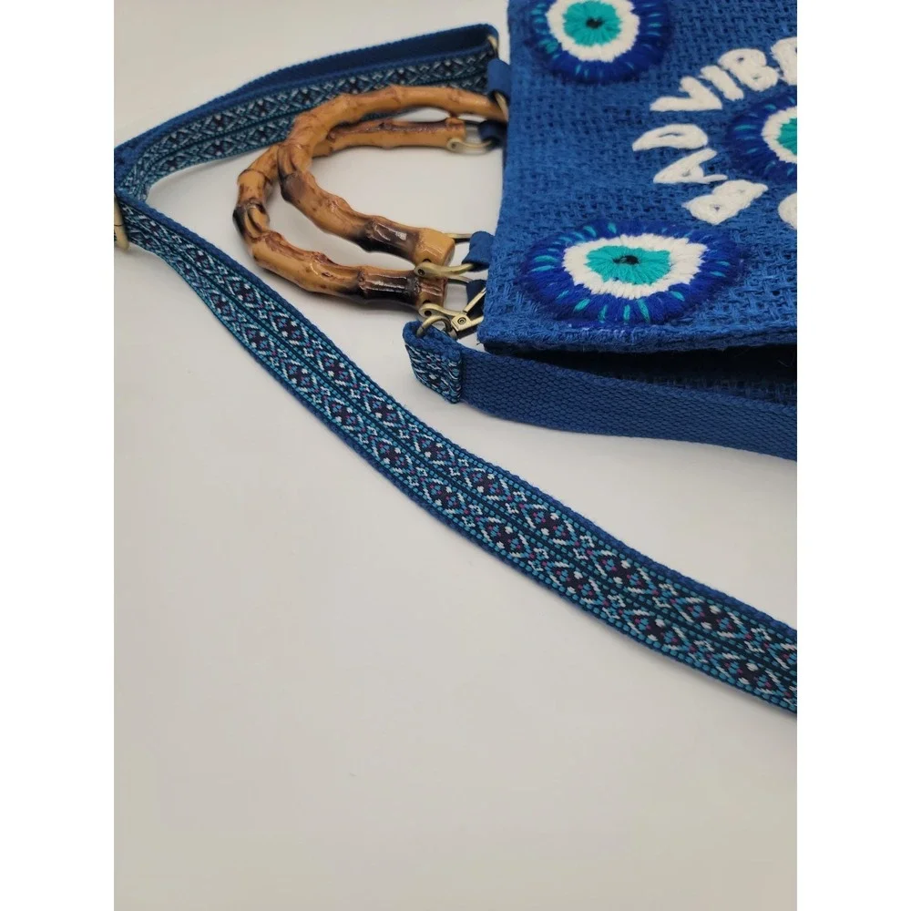 No Bad Vibes Blue Jute Tote Bag Bamboo Handle Crossbody Purse India